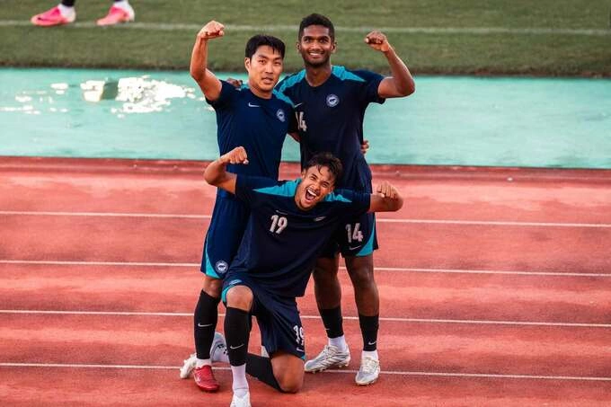 Midfielders Song Ui-yong, Hariss Harun (top row from left), and forward Ilhan Fandi at Singapore national teams training camp in Okinawa, Japan, on July 7, 2026. Photo by FAS