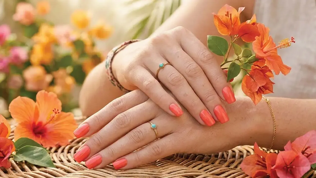 Woman displaying glossy bright coral peach manicured nails with turquoise rings surrounded by vibrant orange tropical flowers.