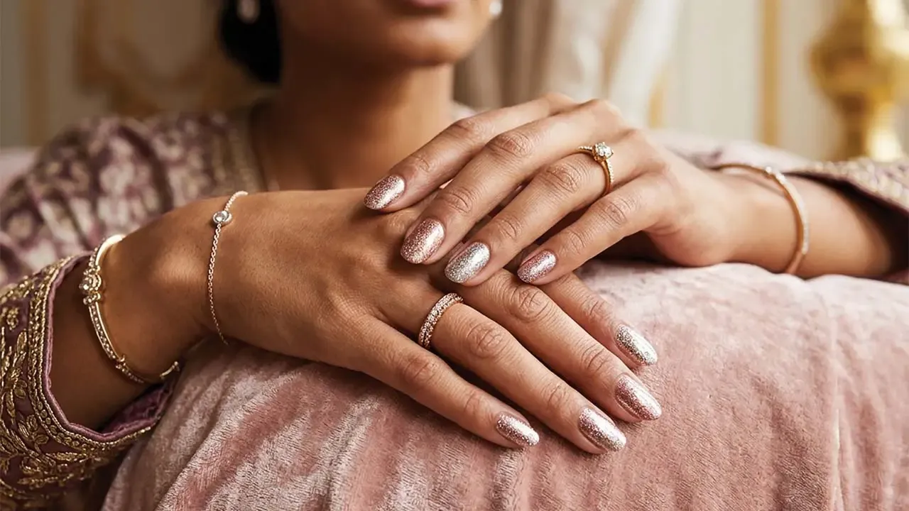 Elegant Indian bride displaying shimmery rose gold glitter manicured nails with gold diamond rings on velvet cushion setup.