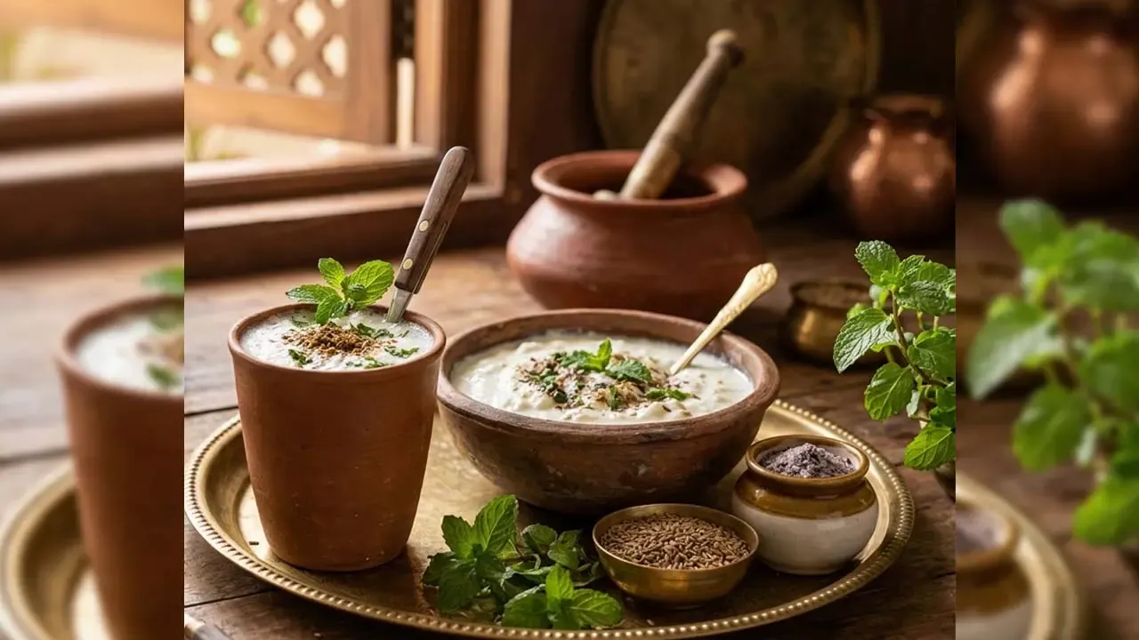 Traditional Indian refreshing buttermilk lassi served in clay glass and bowl with cumin mint leaves on rustic wooden table setup.
