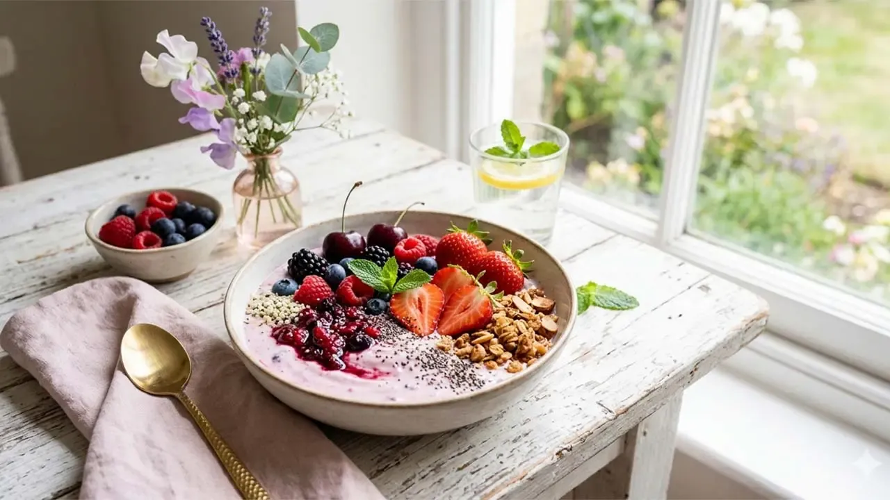 Healthy berry smoothie bowl topped with fresh strawberries, blueberries, seeds and granola on rustic wooden table near window.