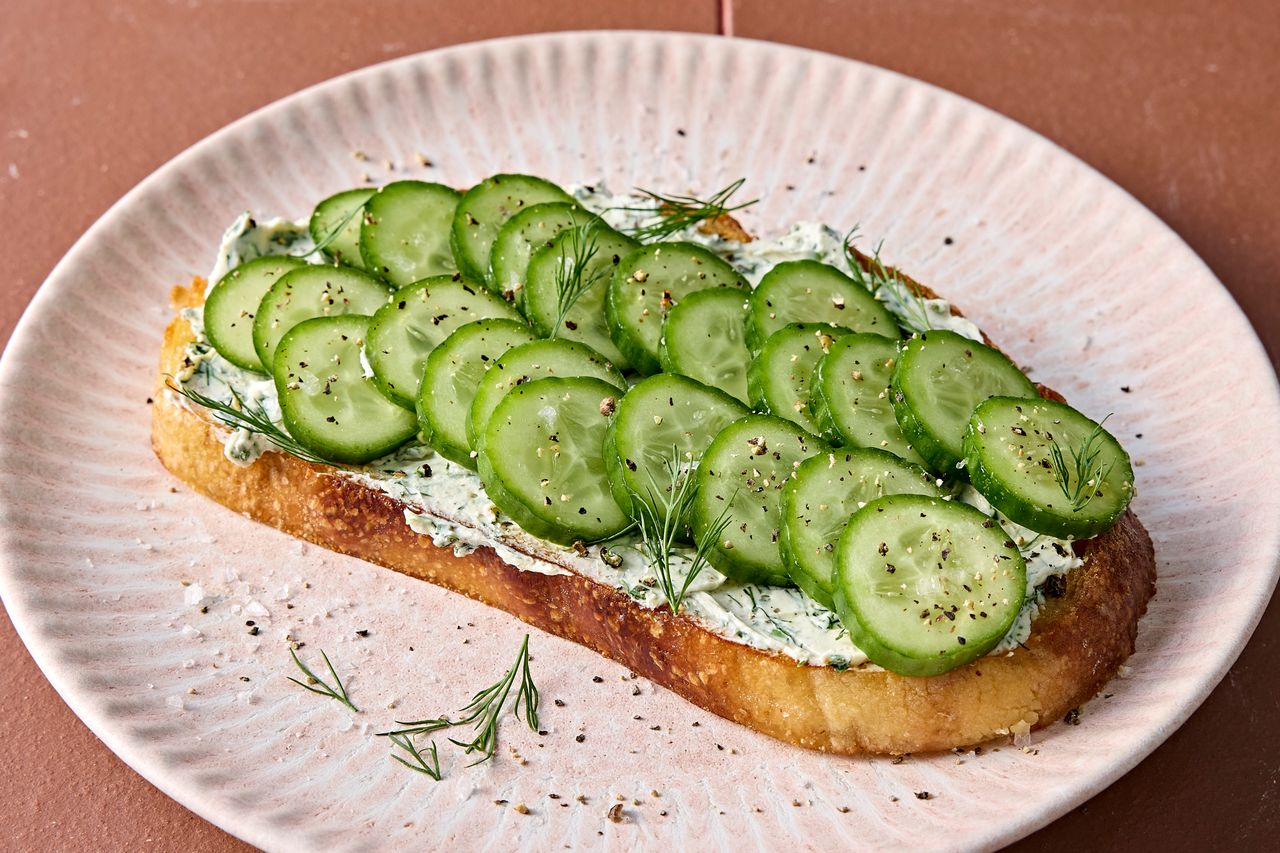 A recipe image of Easy Cucumber Toast. Credit: Photographer: Jen Causey.