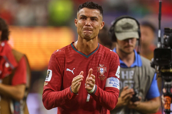 Cristiano Ronaldo cried after Portugals defeat against Spain in the Round of 16 of the World Cup at the Dallas Stadium in Texas, USA, on July 6, 2026. Photo by AP