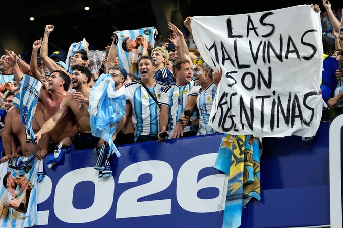 Argentinian fans held up a banner reading Las Malvinas Son Argentinas (The Malvinas are Argentinian) after the World Cup semi-final between England and Argentina in Atlanta, USA, on July 15, 2026. Photo by AP