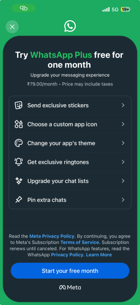 New WhatsApp Plus subscribers can try the premium plan free for one month before the Rs 79 monthly subscription begins. (Express Image)