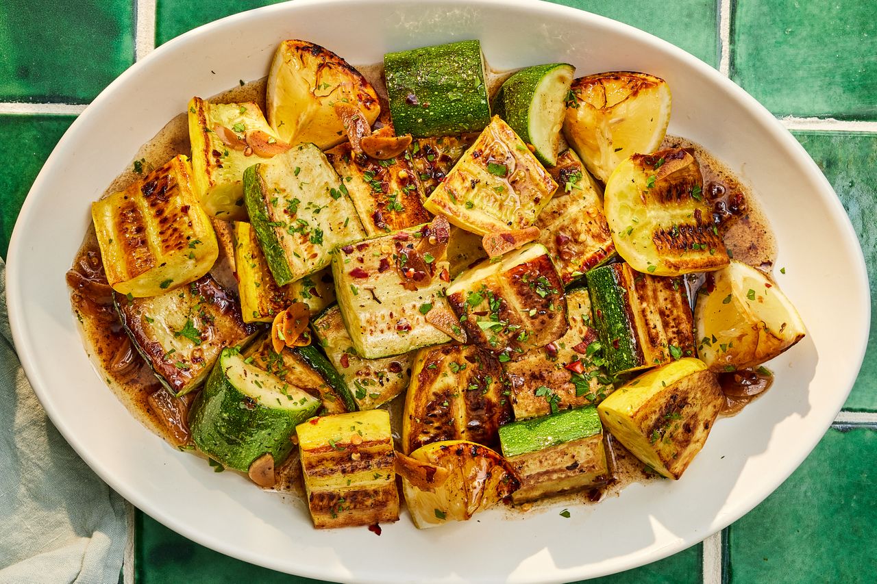 a recipe photo of the Zucchini Scampi Credit: Photographer: Robby Lozano, Food Stylist: Amanda Stanfield, Prop Stylist: Tucker Vines