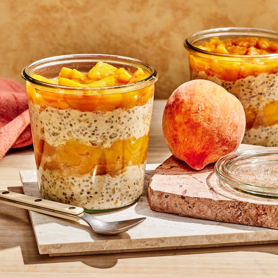 a recipe photo of the Peach Pie Overnight Oats Credit: Photographer: Morgan Hunt Glaze, Prop Stylist: Priscilla Montiel, Food Stylist: Julian Hensarling
