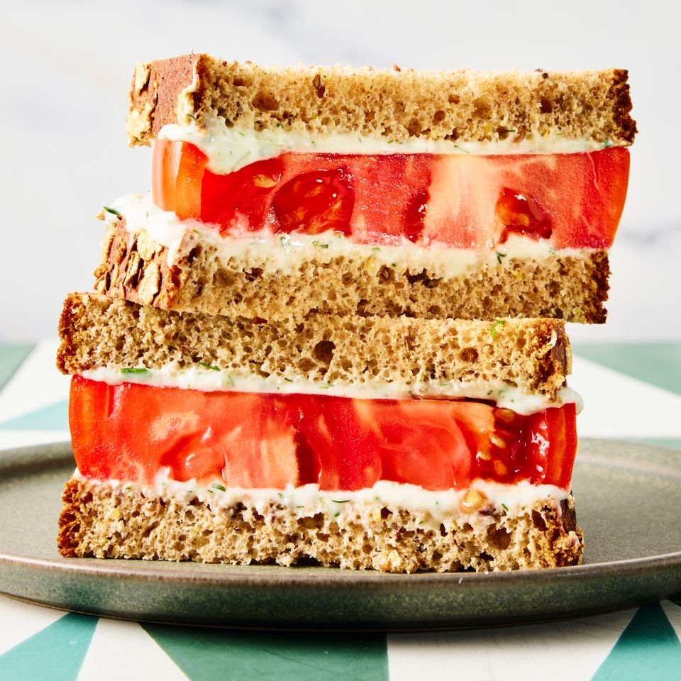 A recipe image of High-Protein Tomato Sandwich. Credit: Photographer: Morgan Hunt Ward.