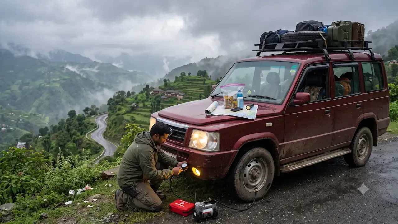 A driver checks tire pressure on a red SUV parked along a misty, winding mountain road during monsoon season.