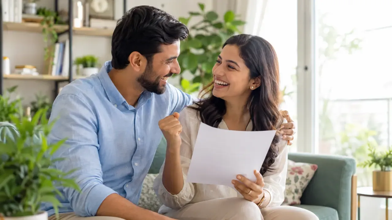 Indian husband celebrating his wife's professional success at home.