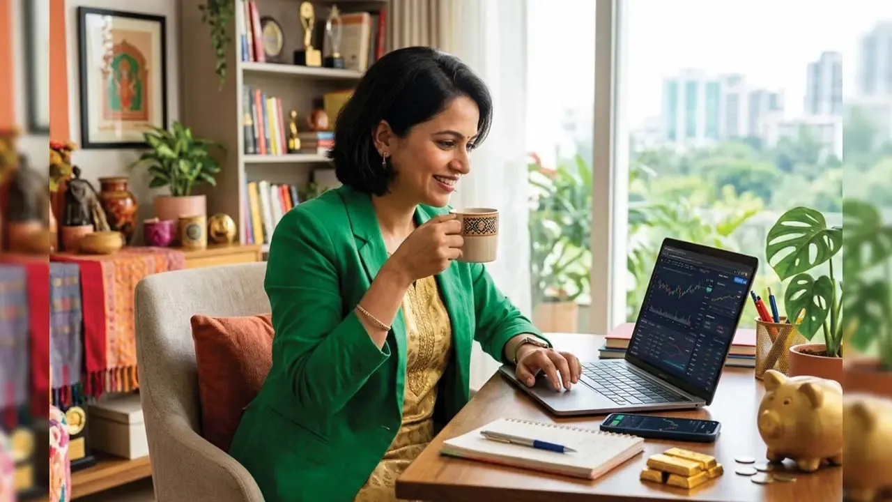 A smiling Indian woman in a green blazer sips coffee while analyzing stock market trading charts on her laptop.