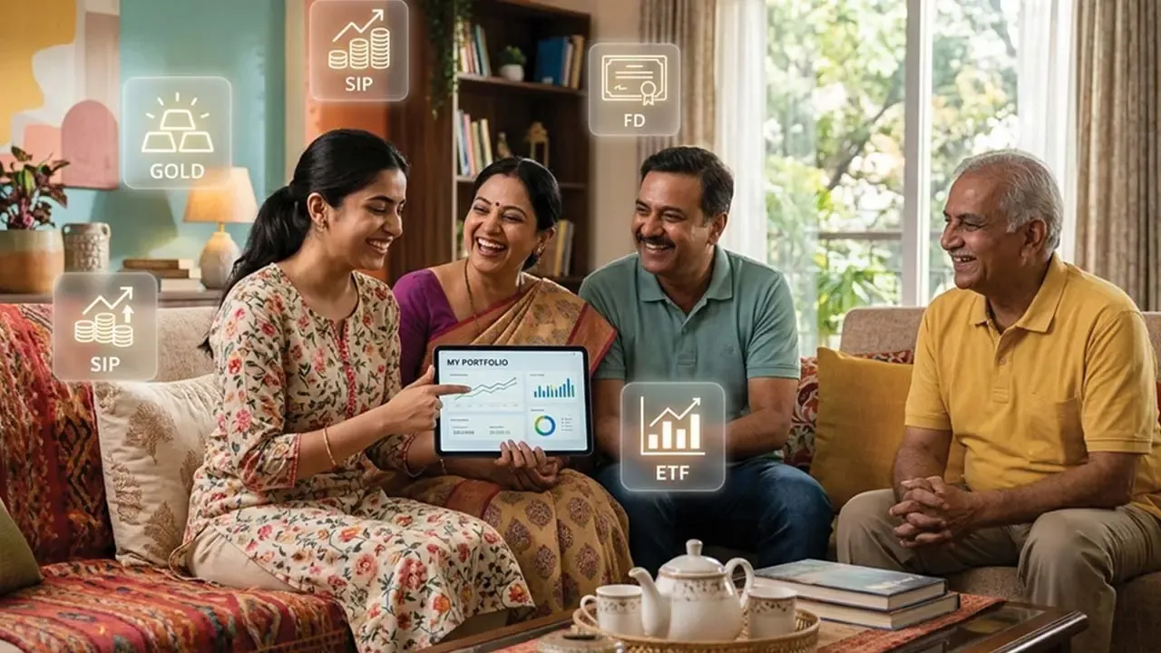 A cheerful Indian family gathering together in their cozy living room to discuss financial portfolio planning on a tablet.