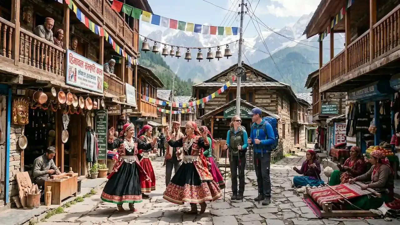 Tourists with backpacks watch local women perform traditional Himachali folk dance on a stone street in a mountain village.