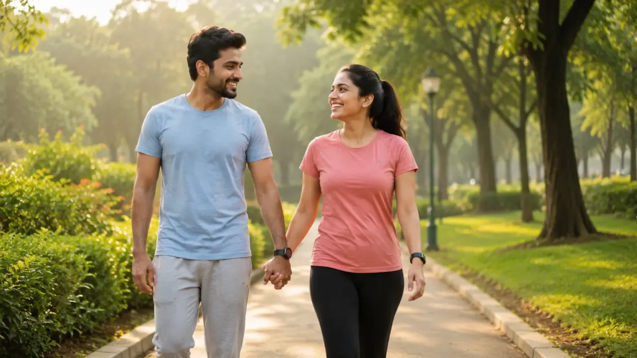 Happy Indian couple walking together while spending quality time and strengthening their relationship