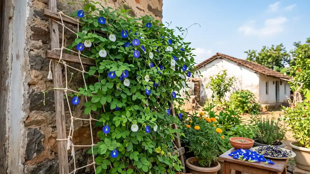 Blue and white aparajita flowers grow on a wooden trellis against a rustic village wall, with harvested petals on a table nearby.