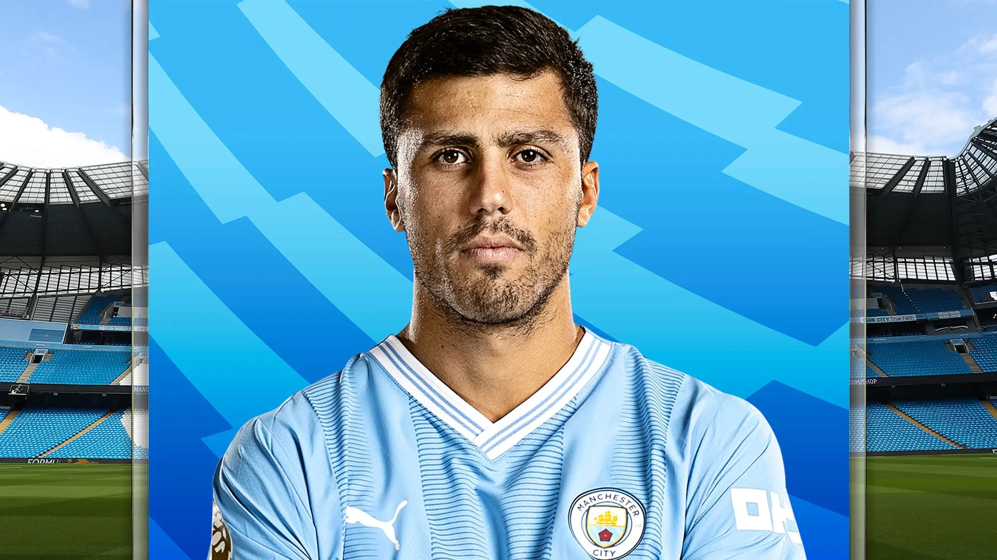 Portrait of Rodri in a light blue Manchester City home kit against a blue geometric background and stadium views