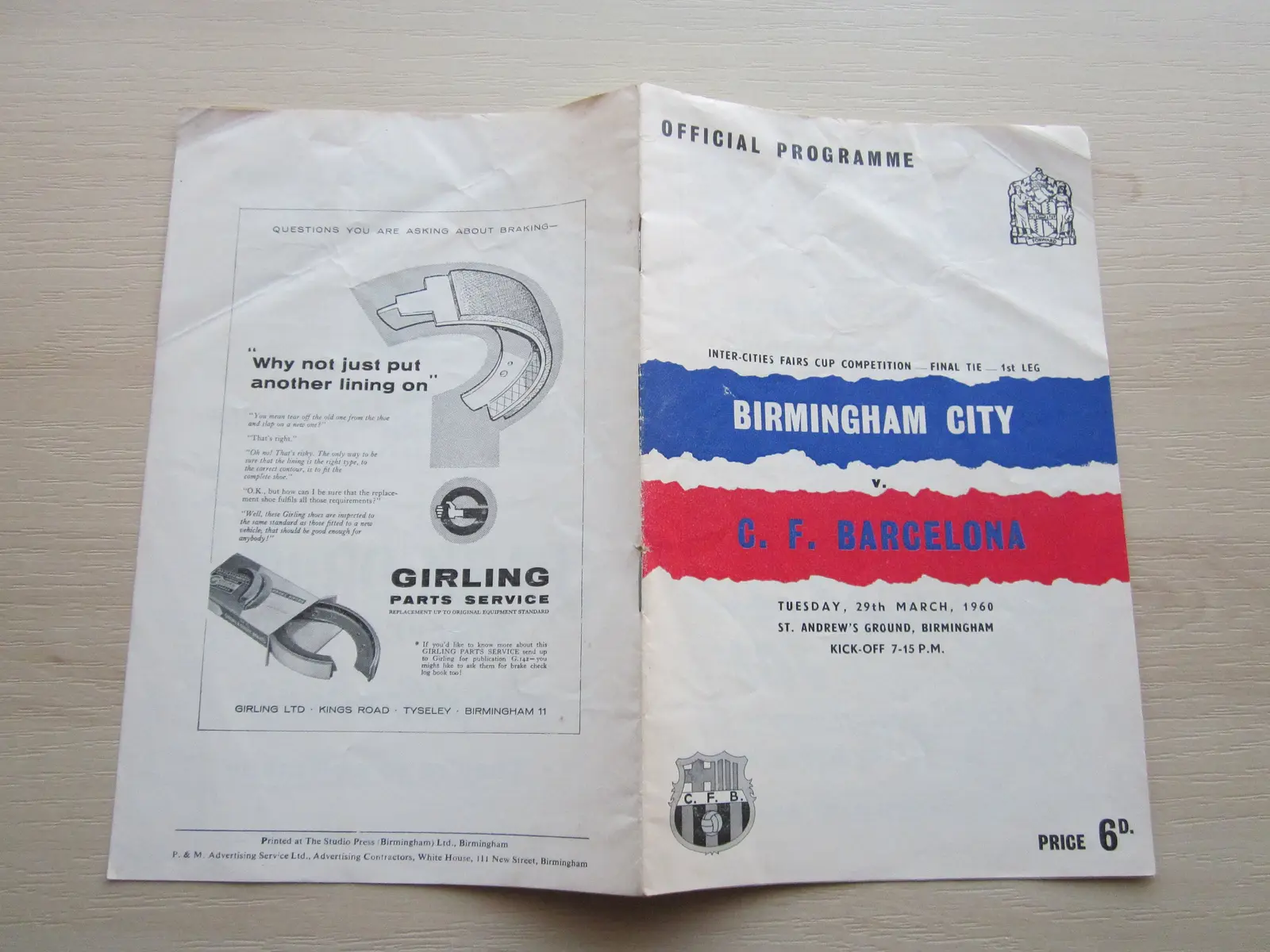 Official match programme for the Inter-Cities Fairs Cup final first leg between Birmingham City and CF Barcelona, 1960