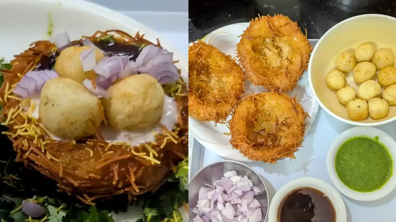 Crispy potato nest chaat served with yogurt, mint chutney, tamarind sauce, and chopped onions for a delicious snack.