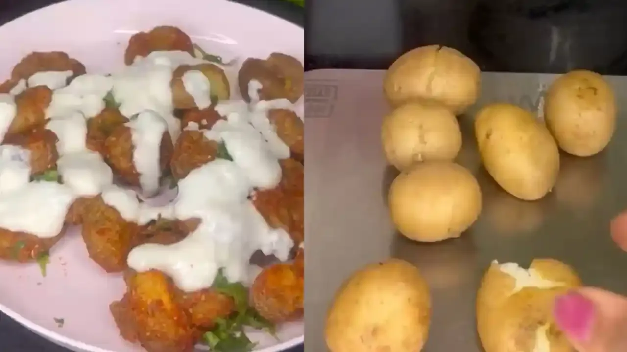Crispy fried baby potatoes topped with creamy yogurt, fresh herbs, and spices, served as a delicious traditional Indian chaat.