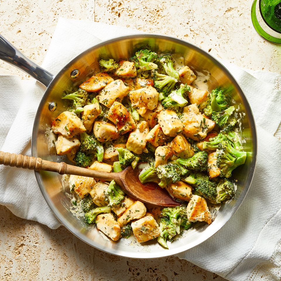 Creamy Skillet Ranch Chicken & Broccoli Credit: Photographer / Brie Passano, Food Stylist / Annie Probst, Prop Stylist / Holly Raibikis