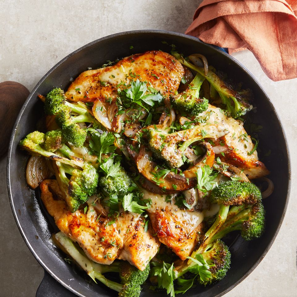 Cheesy Portobello Chicken Cutlets with Broccoli Credit: Jacob Fox