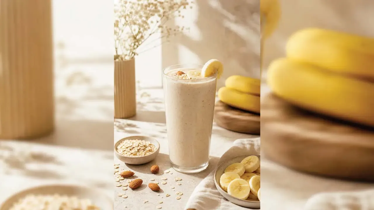 Healthy creamy banana oats smoothie served in glass topped with almonds and sliced bananas on sunlit table.