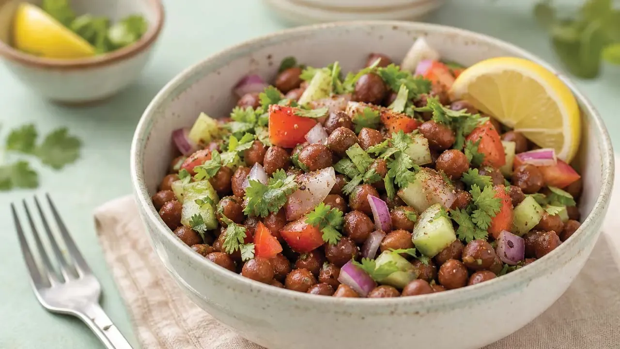 Healthy black chickpea salad mixed with diced tomatoes cucumber onions cilantro lemon wedge served in ceramic bowl table.