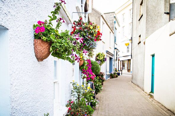 alleyway decorated with flower baskets in Tenby, UK alleyway decorated with flower baskets in Tenby, UK