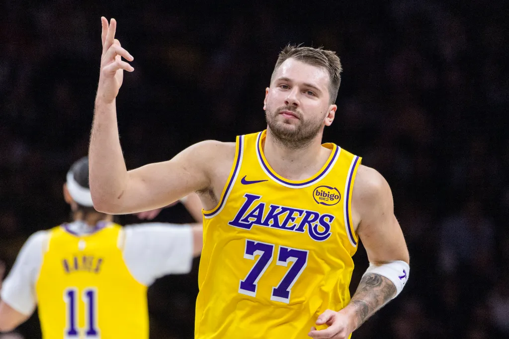 Luka Doncic of the Los Angeles Lakers reacts after scoring 