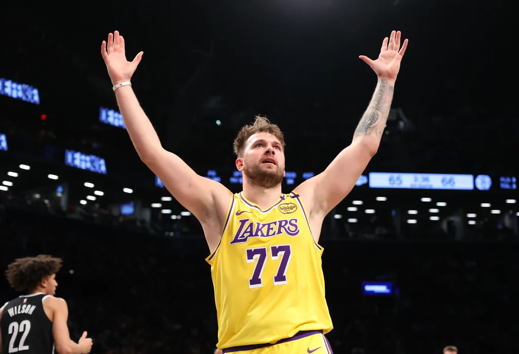 Luka Doncic of the Los Angeles Lakers reacts on the court during the third quarter of a game against the Brooklyn Nets