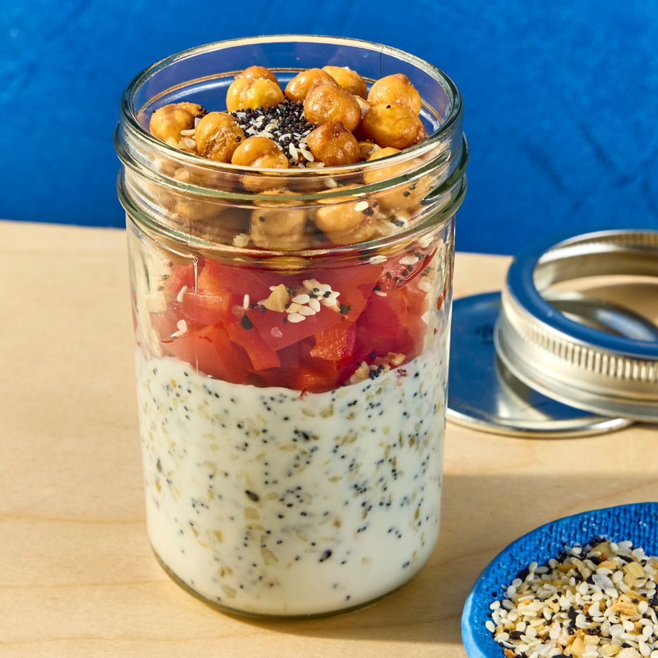Recipe image of Everything Bagel Cottage Cheese Snack Jar with Bell Peppers and Chickpeas Credit: Photographer: Jen Causey, Food Stylist: Chelsea Zimmer, Prop Stylist: Claire Spollen