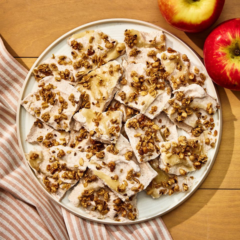 a recipe photo of the Apple Crumble Yogurt Bark Credit: Photographer: Morgan Hunt Glaze, Prop Stylist: Hannah Greenwood, Food Stylist: Sally McKay