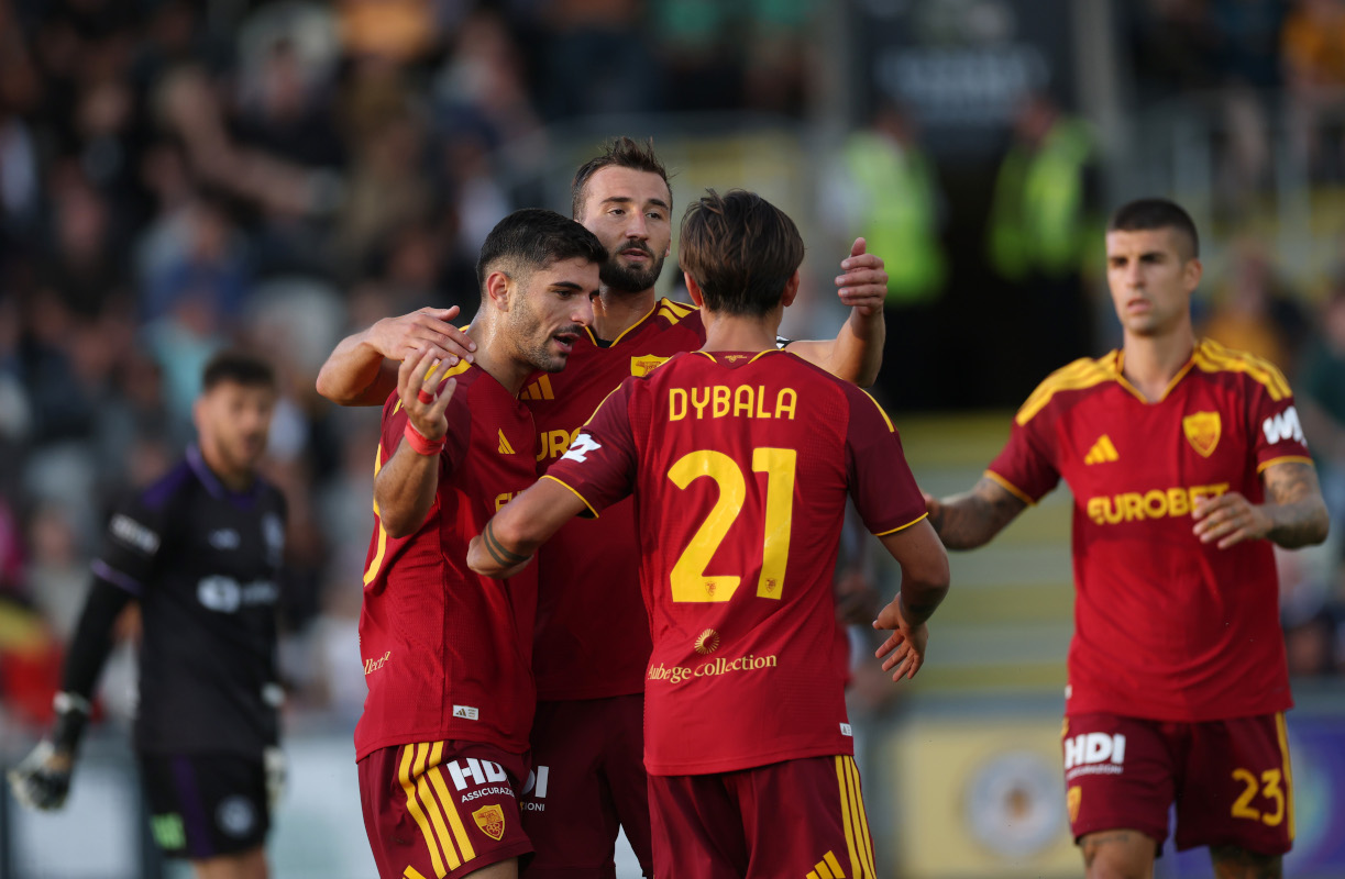NEWPORT, WALES - AUGUST 04: Konstantinos Koulierakis of AS Roma celebrates scoring his team’s third goal with teammates during the pre-season friendly match between Newport County and AS Roma at Rodney Parade on August 04, 2026 in Newport, Wales. (Photo by Dan Istitene/Getty Images)