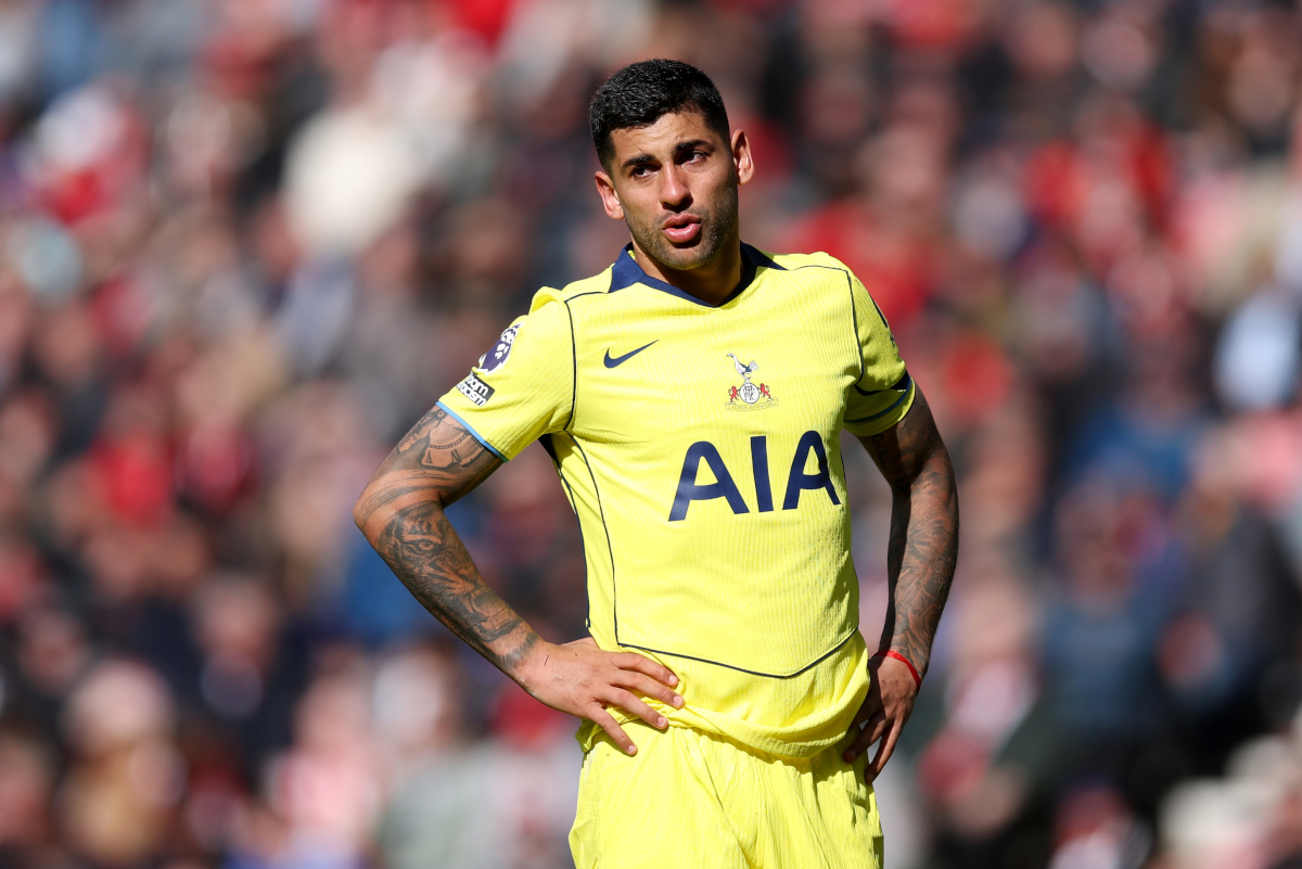 SUNDERLAND, ENGLAND - APRIL 12: Cristian Romero of Tottenham Hotspur is seen crying during the Premier League match between Sunderland and Tottenham Hotspur at Stadium of Light on April 12, 2026 in Sunderland, England. (Photo by George Wood/Getty Images) (Inter links)