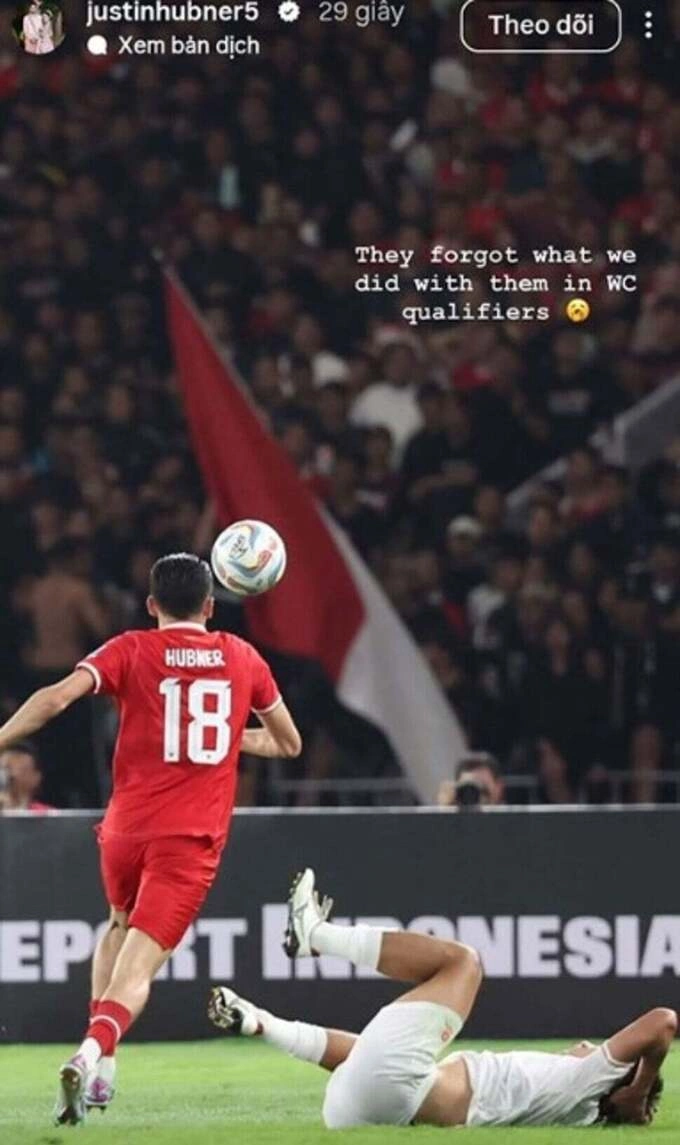 A screenshot of Justin Hubners Instagram story, one day after Vietnam beat Indonesia 3-0 at the ASEAN Cup on Aug. 3, 2026.