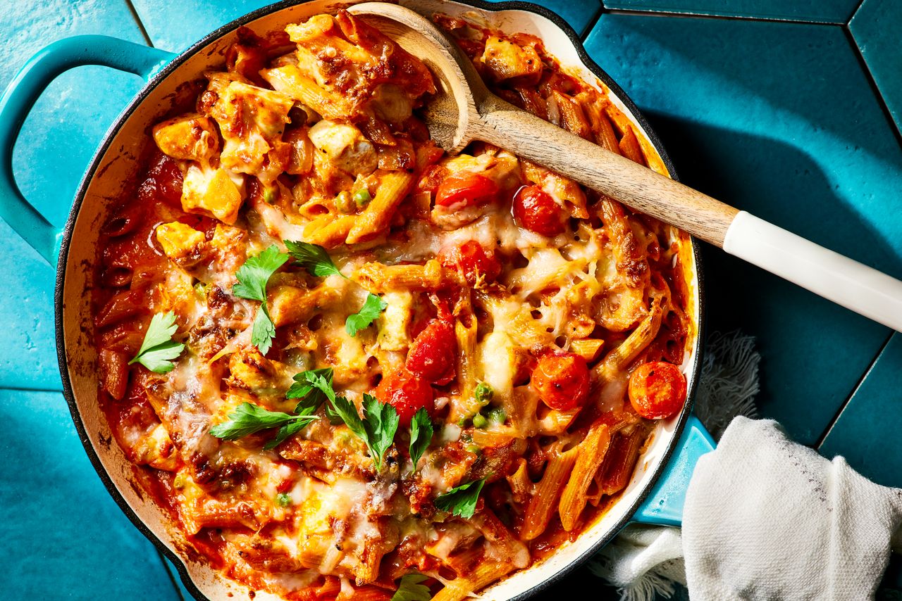 a recipe photo of the Creamy Chicken & Penne Alla Vodka Casserole with Peas Credit: Photographer: Jake Sternquist, Food stylist: Annie Probst, Prop stylist: Gabriel Greco