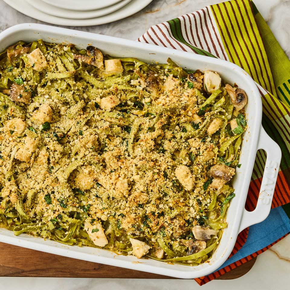 A baked dish of chicken tetrazzini in a white casserole dish Credit: Photographer: Greg DuPree, Food Stylist: Sally Mckay, Prop Stylist: Priscilla Montiel