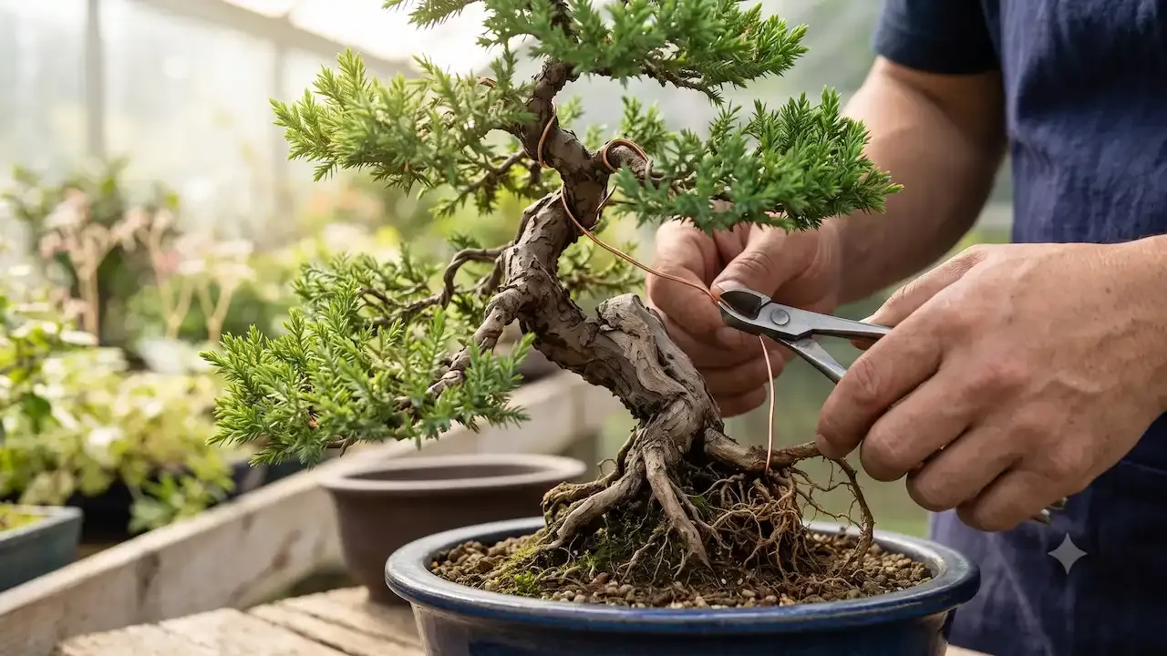 Hands using wire cutters to shape and style a green juniper bonsai tree inside a bright greenhouse nursery.