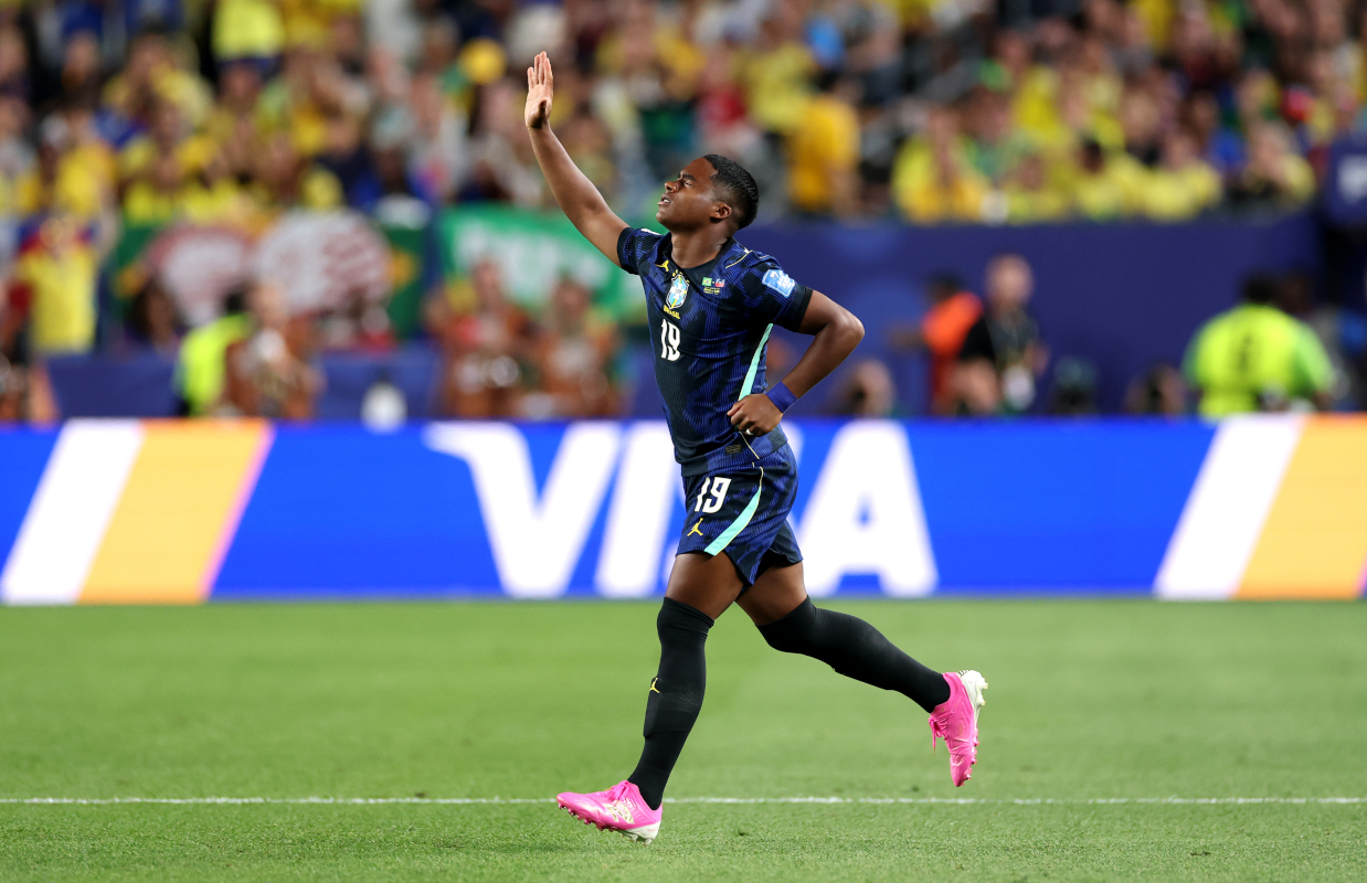 PHILADELPHIA, PENNSYLVANIA - JUNE 19: Endrick #19 of Brazil reacts as he enters the pitch during the FIFA World Cup 2026 Group C match between Brazil and Haiti at Philadelphia Stadium on June 19, 2026 in Philadelphia, Pennsylvania. (Photo by Dan Mullan/Getty Images)