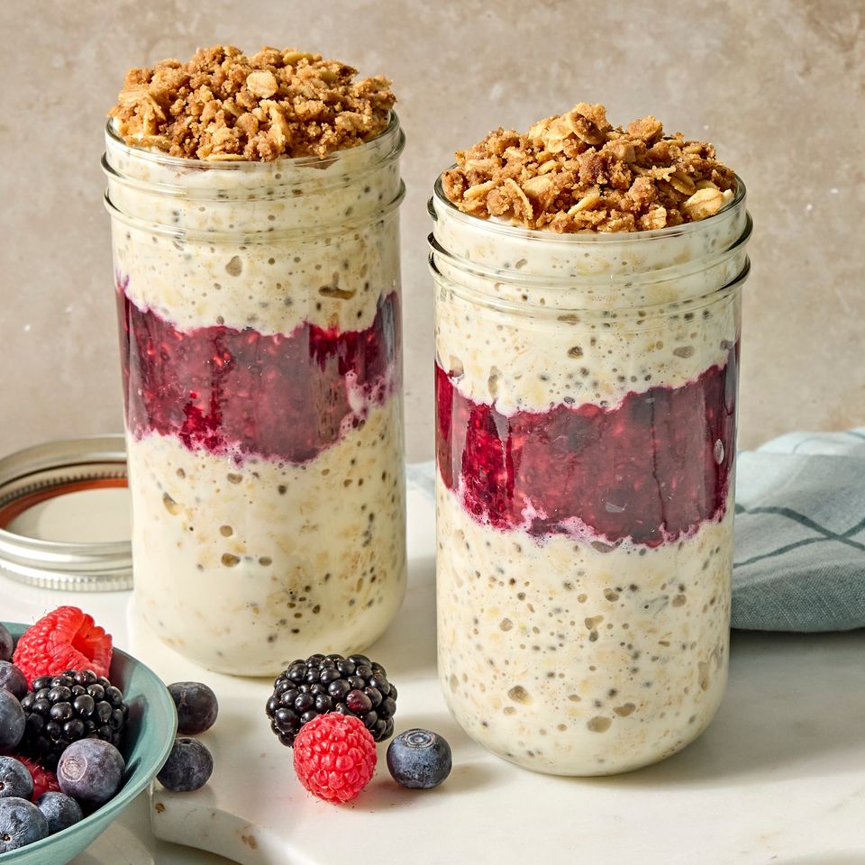 A recipe image of Lemon-Berry Crisp Overnight Oats Credit: Photographer: Jen Causey, Food Stylist: Julian Hensarling, Prop Stylist: Christina Daley.