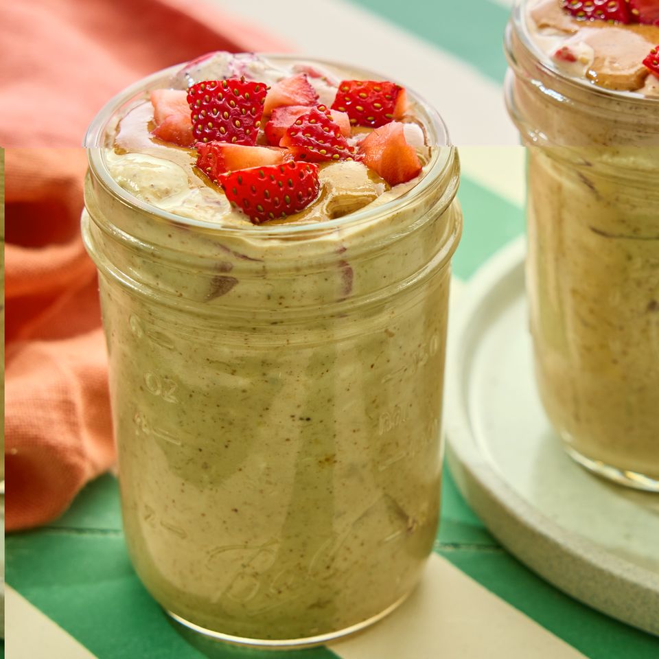 A recipe image of High-Protein Strawberry & Almond Butter Overnight Oats. Credit: Photographer: Stacy Allen, Food Stylist: Margaret Dickey, Prop Stylist: Josh Hoggle.