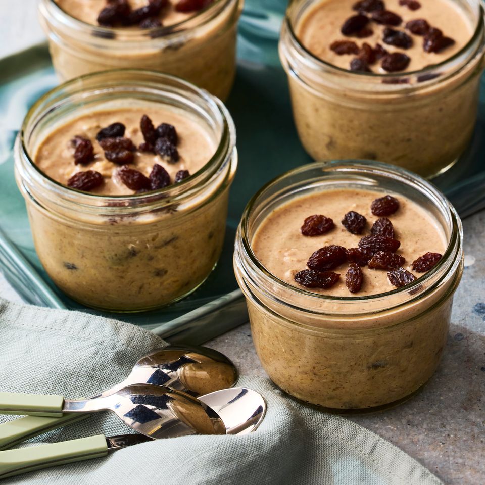 A recipe image of No-Added-Sugar Cinnamon-Raisin Overnight Oats. Credit: Photographer: Greg Dupree, Food Stylist: Chelsea Zimmer, Prop Stylist: Christina Daley.