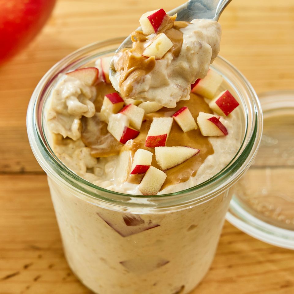 Recipe image of High-Protein Apple & Peanut Butter Overnight Oats. Credit: Photographer: Jen Causey, Food Stylist: Jennifer Wendorf, Prop Stylist: Hannah Greenwood.