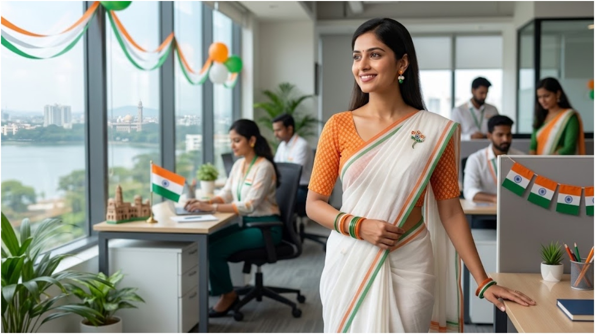 Tri-colour touch with white saree Tri-colour touch with white saree