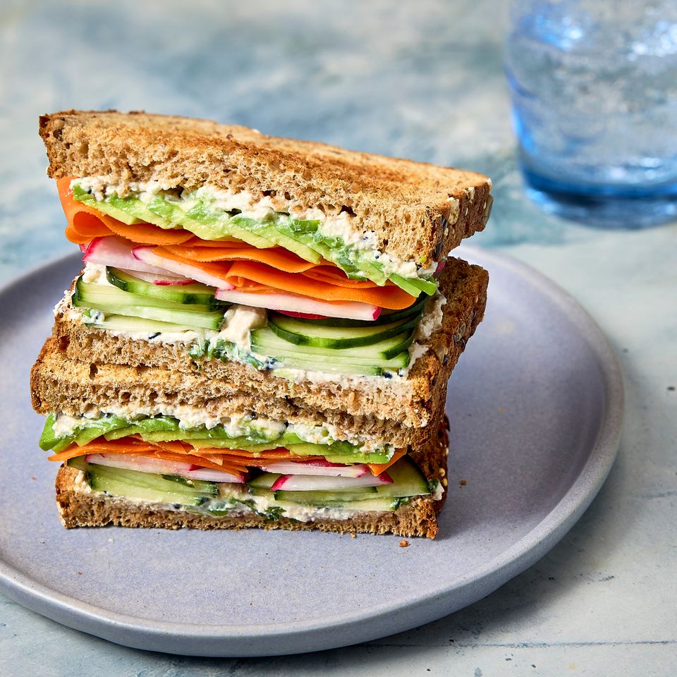 A recipe image of a High-Protein Cucumber Sandwich. Credit: Photographer: Brittney Cottrell, Food Stylist: Julia Levy, Prop Stylist: Abby Armstrong.