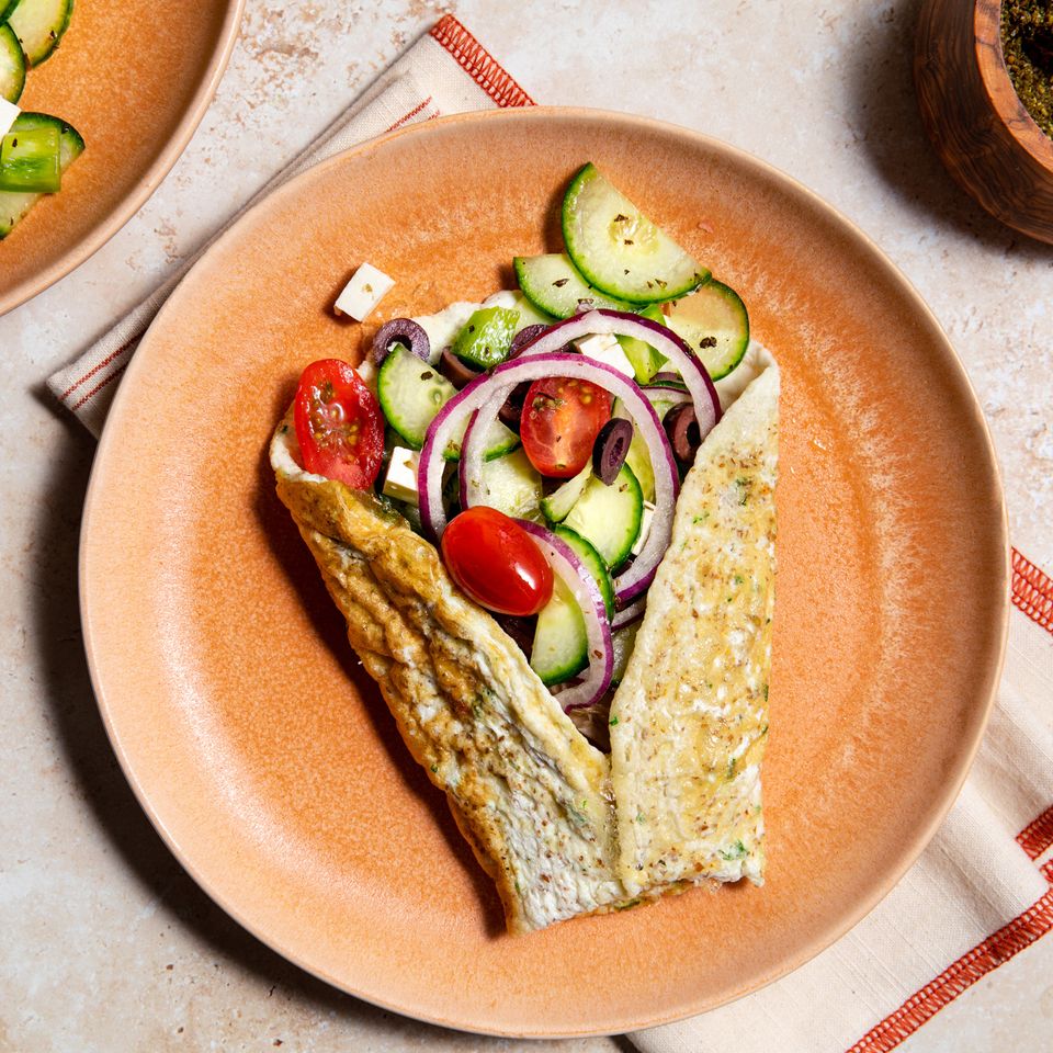 a recipe photo of Greek Salad Omelet Wrap Credit: Sara Haas