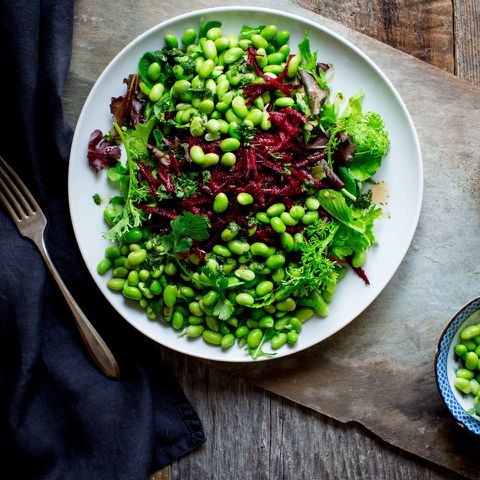 green salad with edamame and beets Credit: Katie Webster