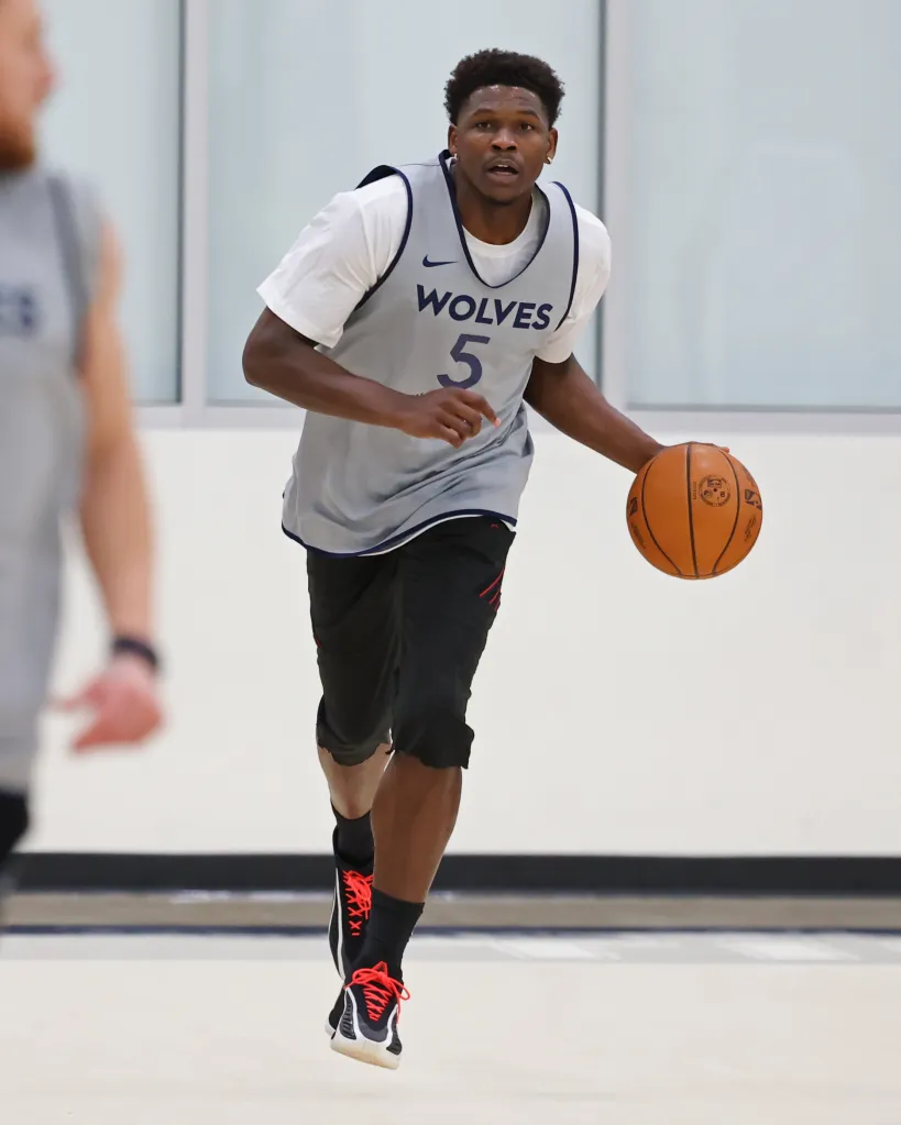 Anthony Edwards of the Minnesota Timberwolves dribbles the ball during the Minnesota Timberwolves All Access practice.