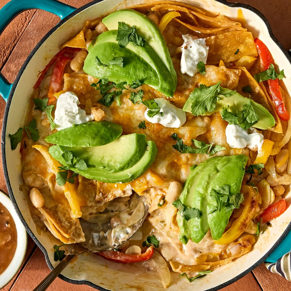 Recipe image of White Bean Fajita Casserole. Credit: Photographer: Jen Causey, Food Stylist: Margaret Monroe Dickey, Prop Stylist: Christina Daley.