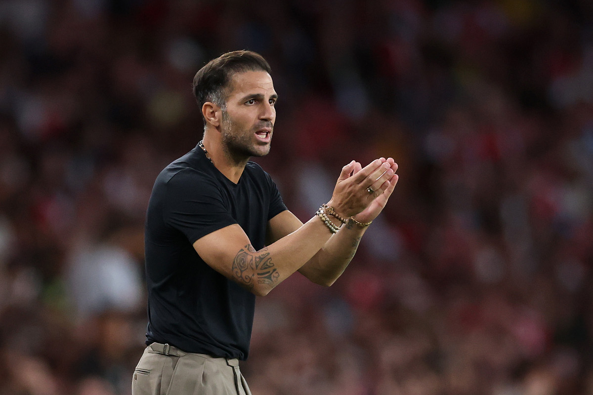 LONDON, ENGLAND - AUGUST 12: Cesc Fabregas, Head Coach of Como 1907, reacts during the pre-season friendly match between Arsenal FC and Como Calcio at Emirates Stadium on August 12, 2026 in London, England. (Photo by Alex Pantling/Getty Images)